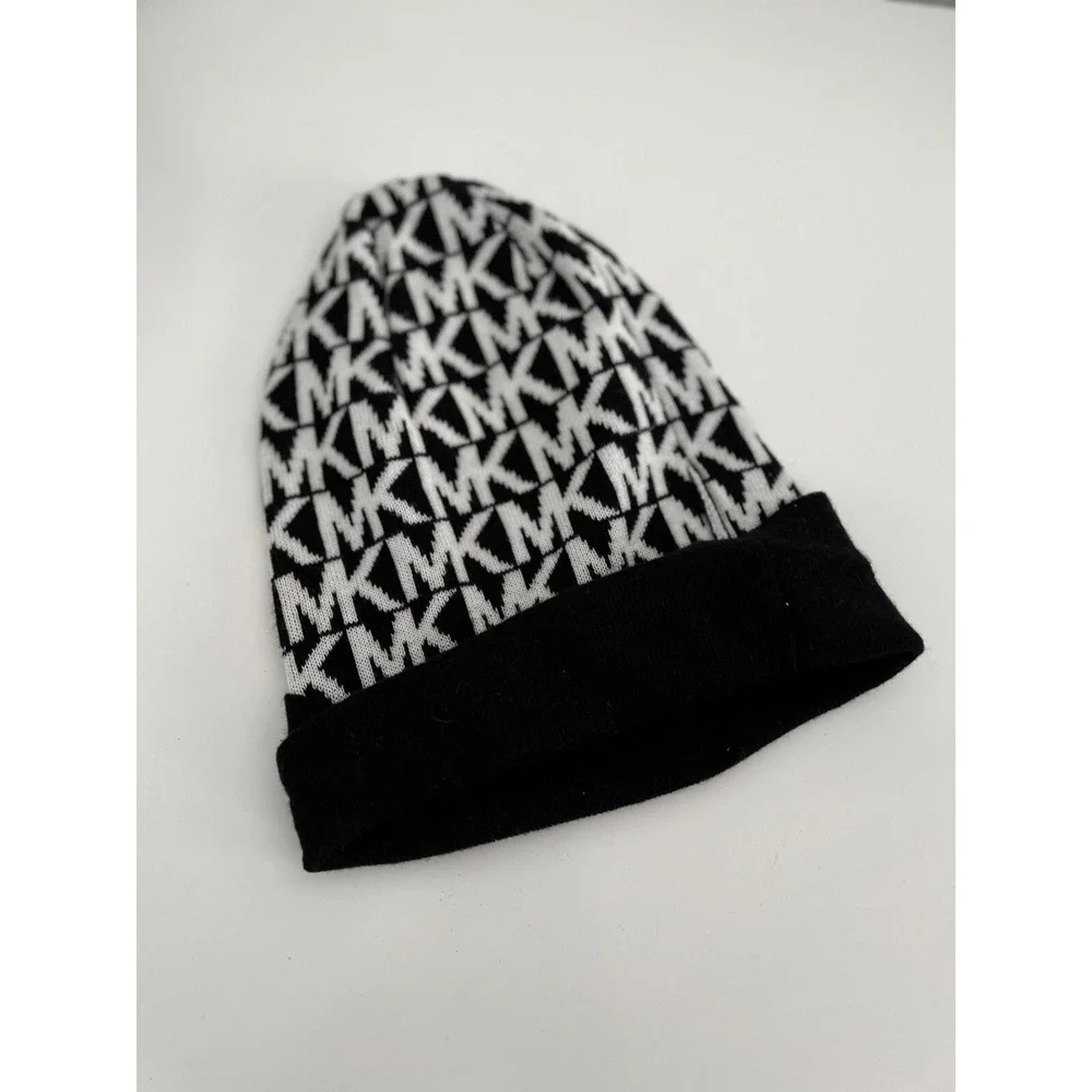 Michael Kors MK Monogram Logo Beanie Hat Black White Cuffed Knit Winter Cap